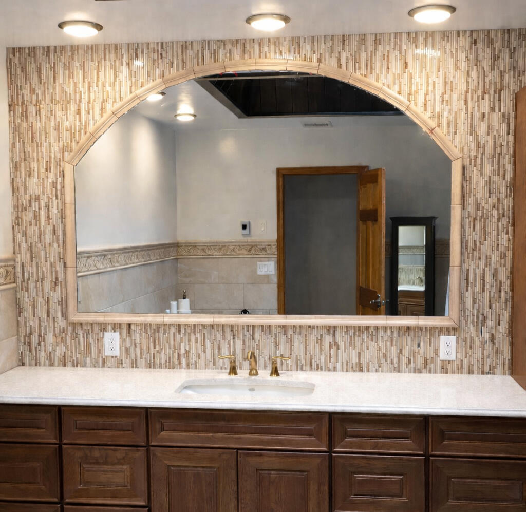 Custom Framed Vanity Mirror with Beige Linear Strip Mosaic Tile