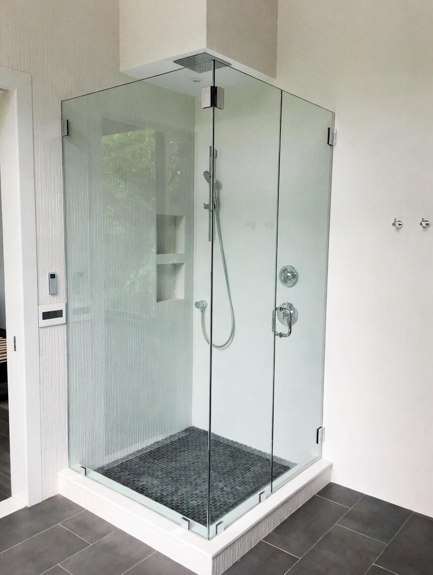 Modern White Porcelain Tile with Black Mosaic Shower Floor