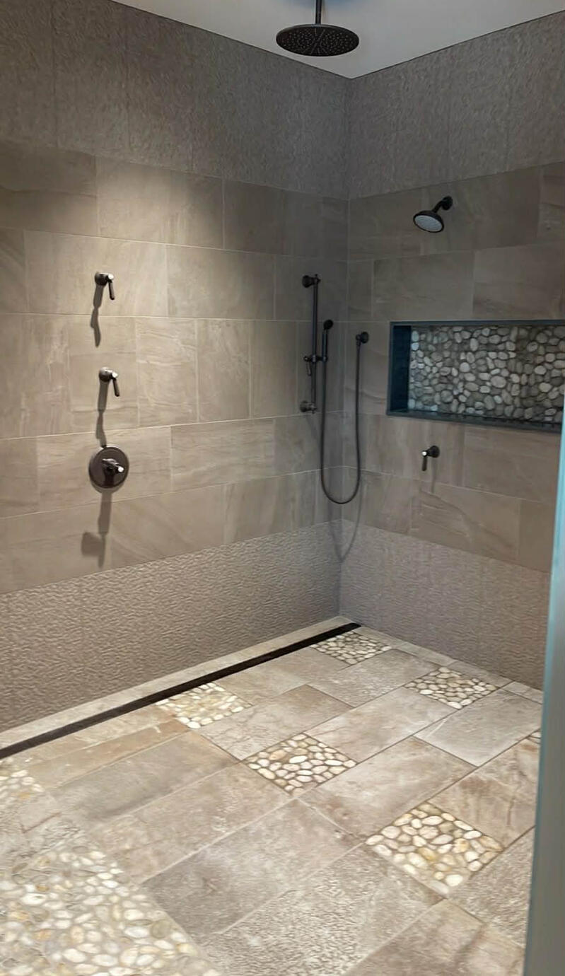 Large Shower Borders with Custom Pebble Floor Layout, Custom Marble Niche with Pebbles